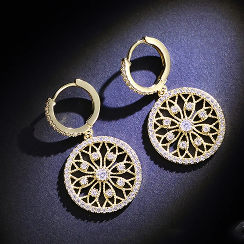 

2018 New Arrival Gold Round Earrings For Women Fashion Luxury CZ Zircon Flower Drop Earrings Wedding Jewelry Factory Wholeasle