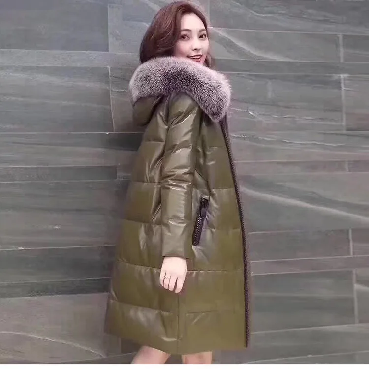 Женская куртка из натуральной кожи, длинный Зимний пуховик с капюшоном, Воротник из натурального Лисьего меха, корейское пальто из овчины для женщин 7001 KJ2504 - Цвет: Green