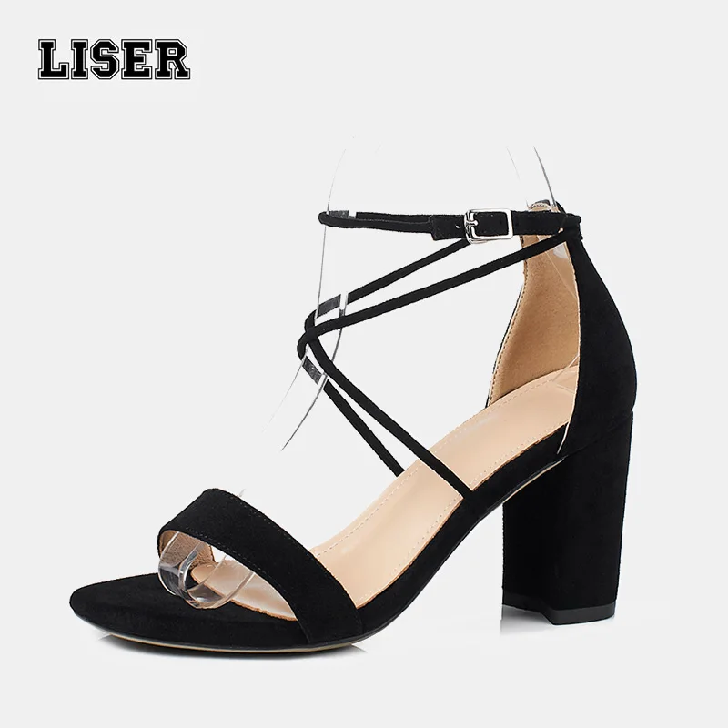 

summer women's real leather sandals cross tied black sheepskin suede ankle strap block heel shoes for sexy ladies dinner party