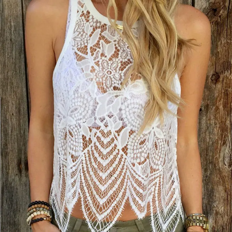 المرأة الصيف مثير الدانتيل الكروشيه سترة خزان أعلى عارضة أكمام بلوزة قميص