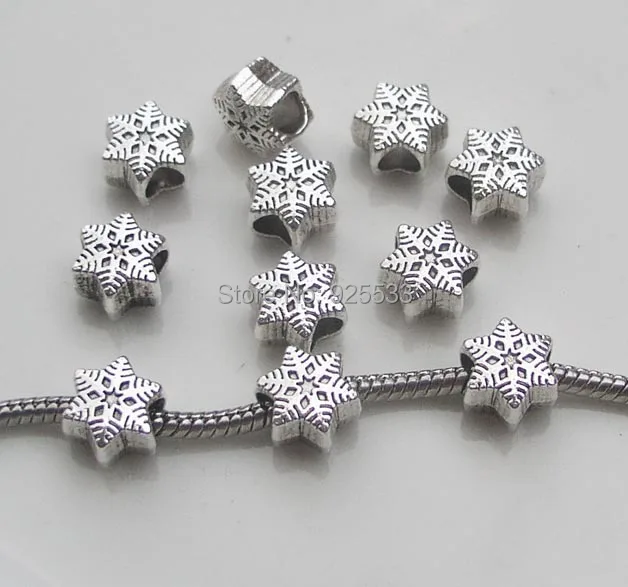 

Free shipping 50pcs11x11x7mm anitique silver plated alloy big hole beads snowflake charms fit European bracelet necklace DIY
