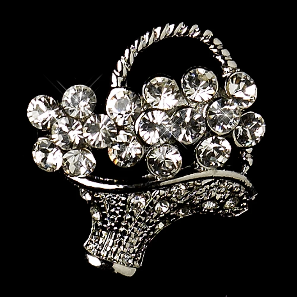 

Small Size Antique Silver Clear Rhinestone Crystal Diamante Flower Basket Pin Brooch