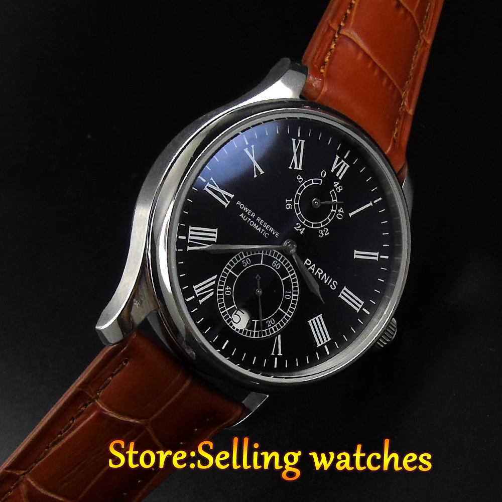 

43mm parnis black dial date power reserve brown strap automatic mens watch