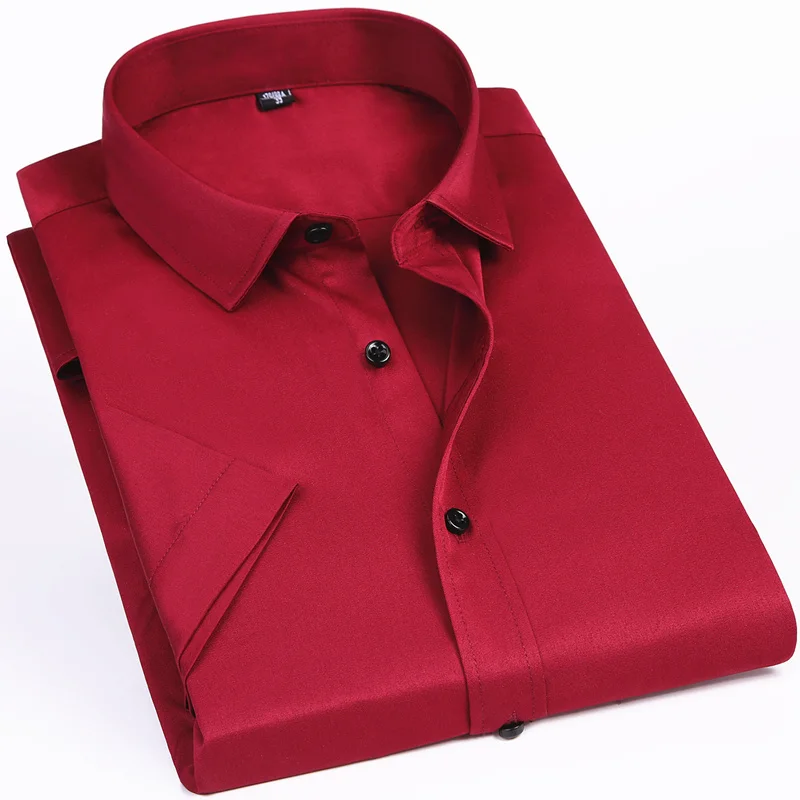 En Ligne Élasticité Slim Fit Hommes Manches Courtes Chemise Rouge Blanc Noir Bleu Homme Sociale Formelle Robe Chemise Décontractée Classique Solide Couleur