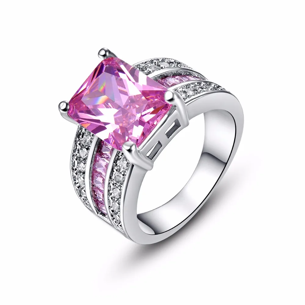 Fashion Jewelry Princess Cut Pink CZ Gems Silver Ring Size 6 7 8 9 10 Lovely Ring for Women Lady