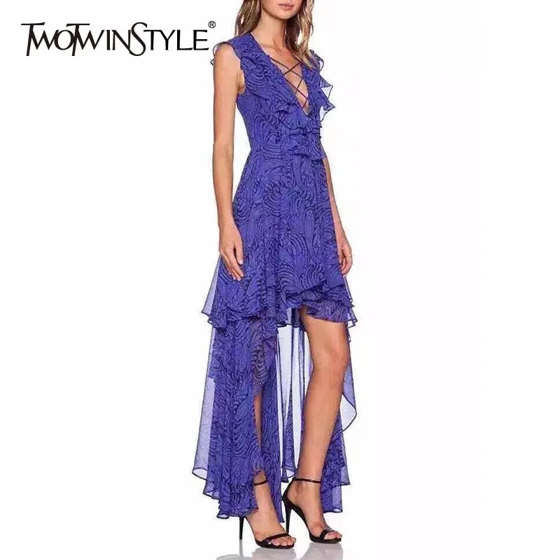 

TWOTWINSTYLE Elegant Print Ruffles Women Dress V Neck Sleeveless High Waist Hollow Out Asymmetrical Maxi Dresses Female Fashion