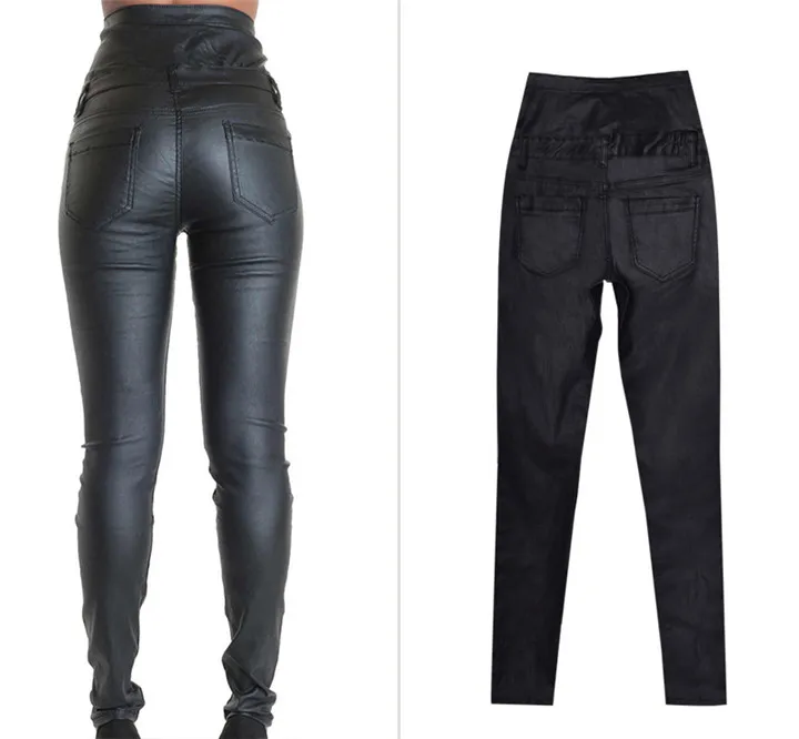 Europe and the United States women's ultra-high waist 5 grain buckle bilateral waist belt decorative coating imitation leather stretch denim feet pants PU (5)