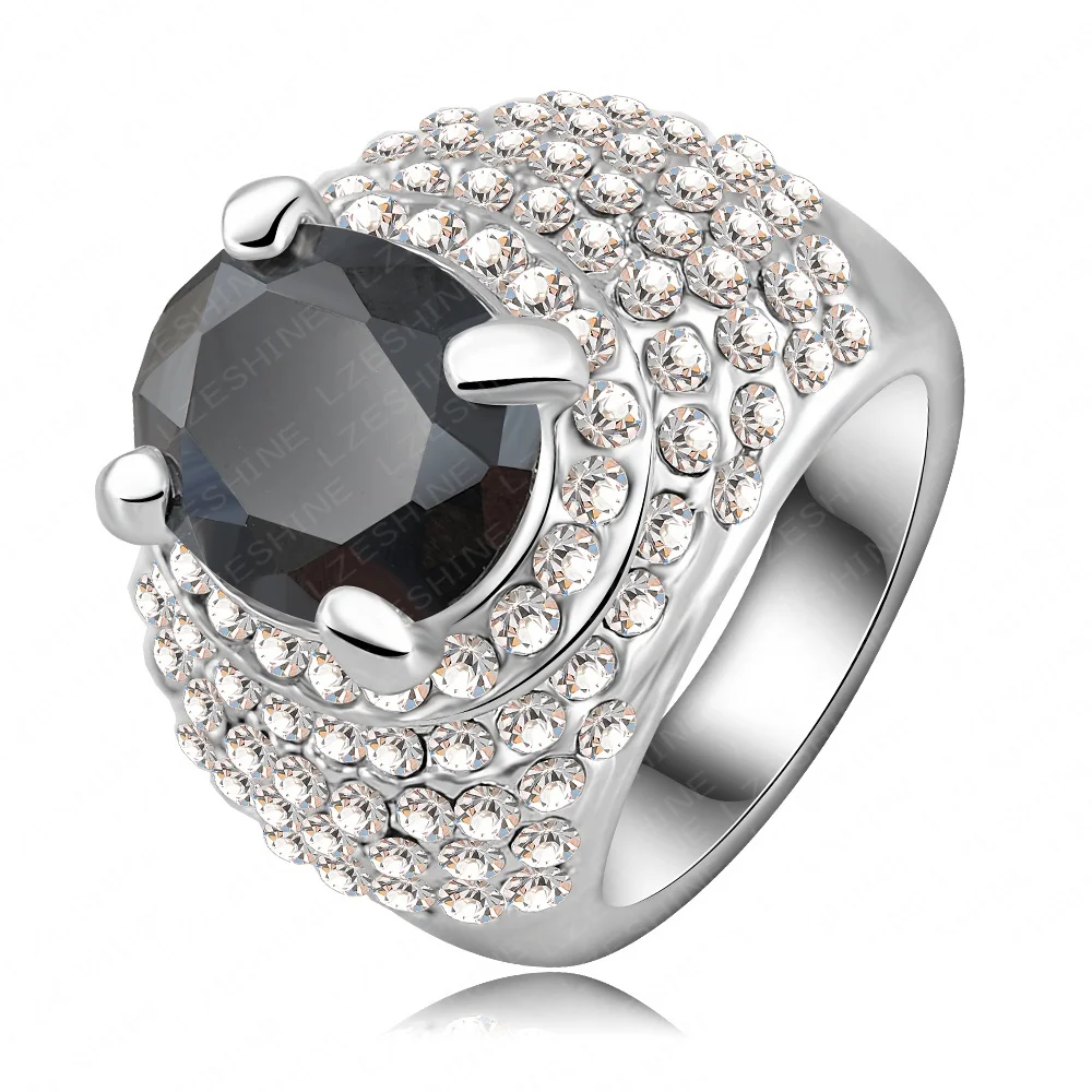 Hot Selling Elegant Black Oval Engagement Rings With Siver Color & Pave