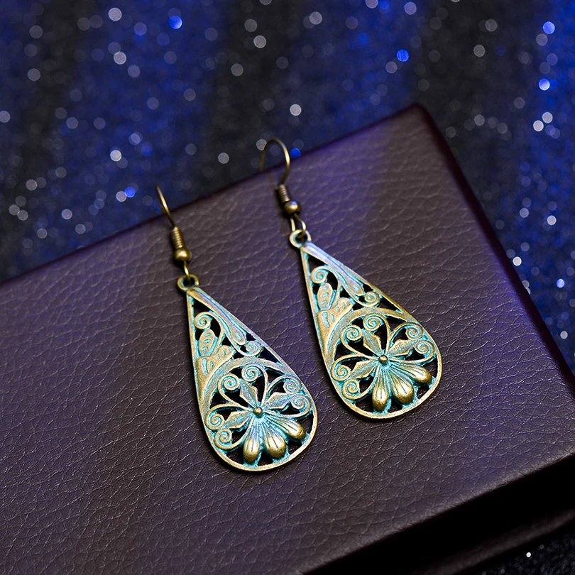 

Vintage Blue Copper Water Drop Earrings For Women Ethnic Jewelry Fashion Hollow Flower Golden Long Dangle Earring Hot Sale