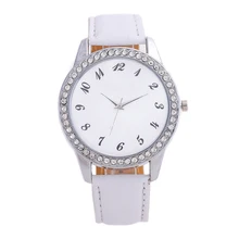 fashion ladies quartz watch inlaid rhinestones white clock display Stainless steel dial needle leather strap women watches