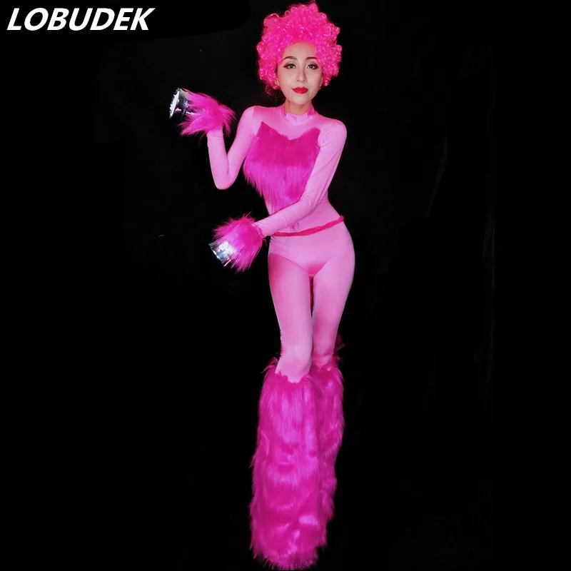

Nightclub DJ Singer Circus Troupe Dance Wear Pink Blue Feathers Sexy Leotard Jumpsuit Bar Pole dancing Performance One Piece
