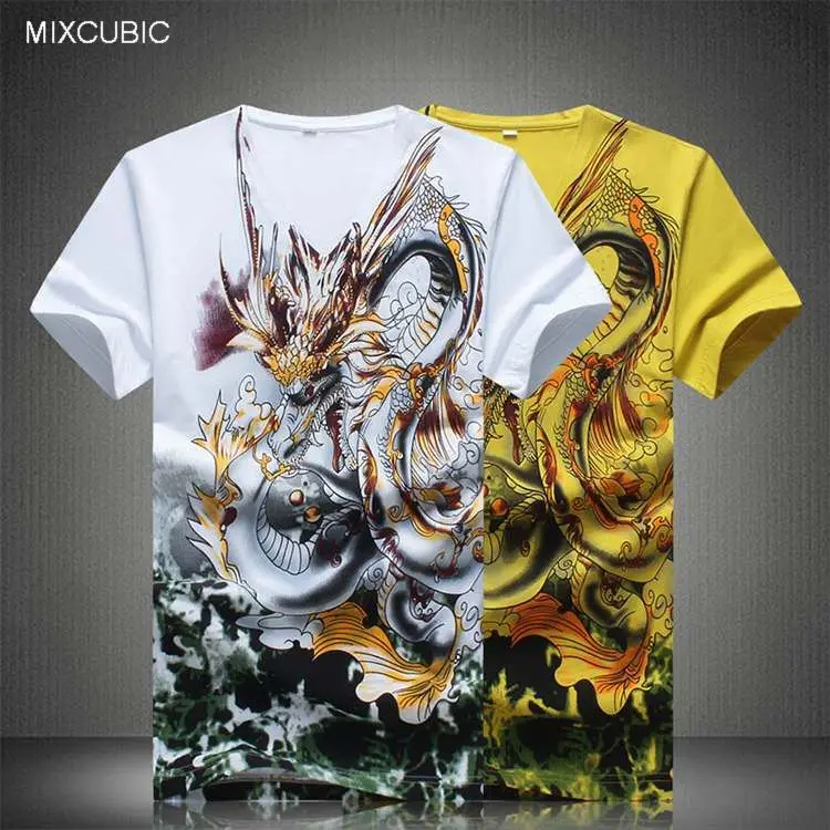 MIXCUBIC summer Beads Dragon printing T shirt for men yellow casual