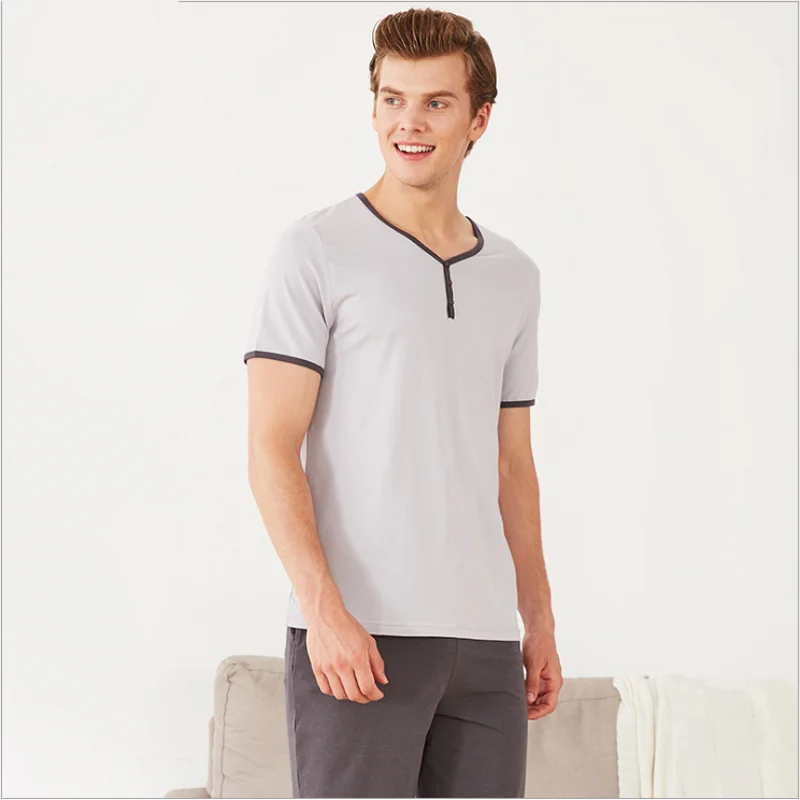 2019 Summer Plus size Two-Pieces Men Casual Pajama sets Modal Sleepwear suit Mens Y shape V-neck collar t shirt &amp Half Pants