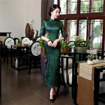 

High Quality Silk Chinese Women Dress Sexy Long Sheath Cheongsam Qipao Elegant Print Flowers Dresses S M L XL XXL XXXL