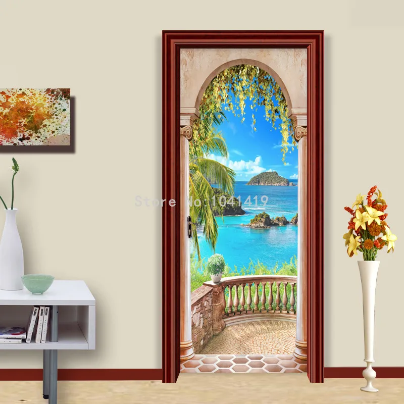 Фото обои 3D римская колонна Приморский Пейзаж настенная дверь наклейка гостиная домашний декор креативный DIY ПВХ обои 3 D