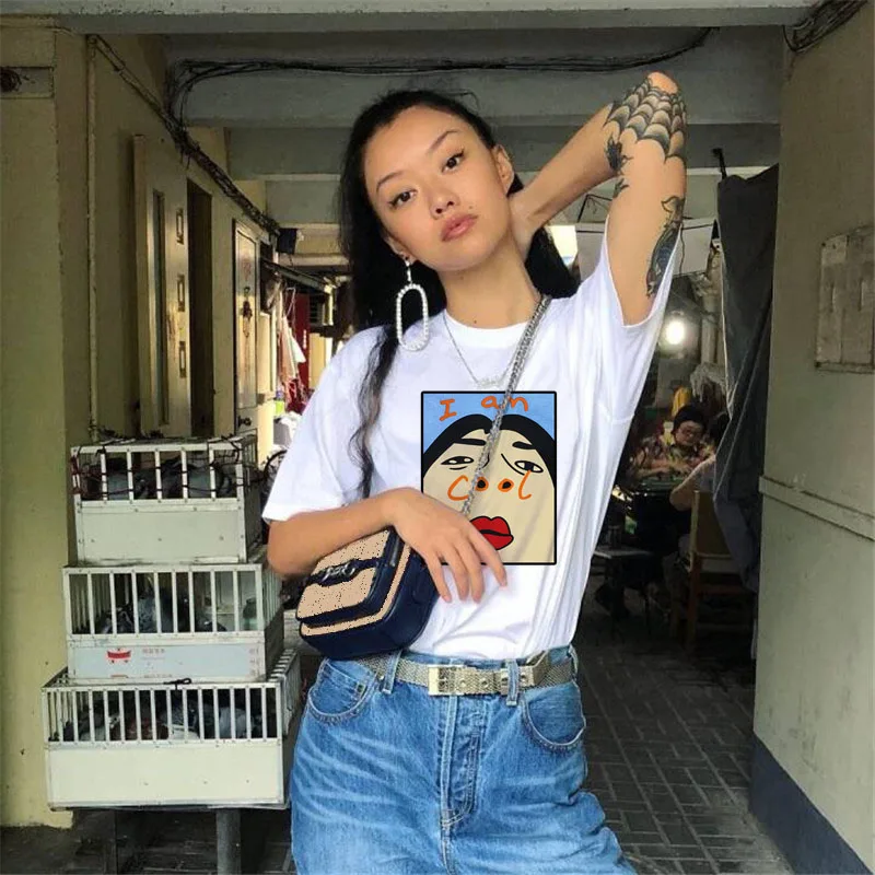 

Korean Creative Female Fashion Spoof cute Plus Size Tops Tee I am Cool Cartoon Letter Print Summer Harajuku shirt WomenT-shirt
