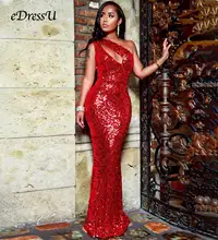 2019 блестящее вечернее платье с одним открытым плечом красное