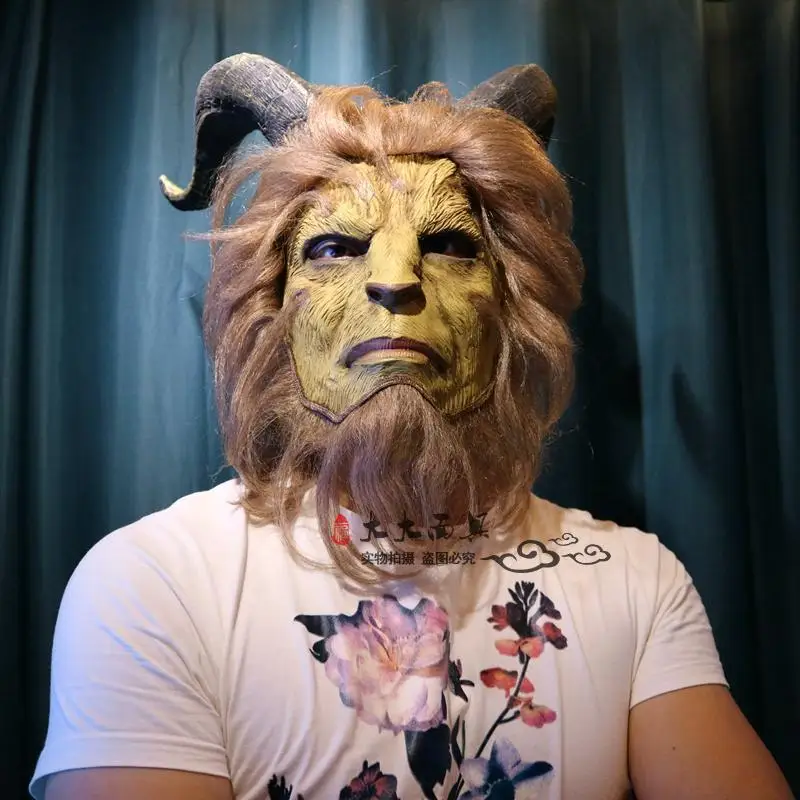 

Halloween Beauty and The Beast mens Mr. beast mask Mr. Adam Furry Mask Prince Horn Curly Hair Helmet Dan Stevens costumes