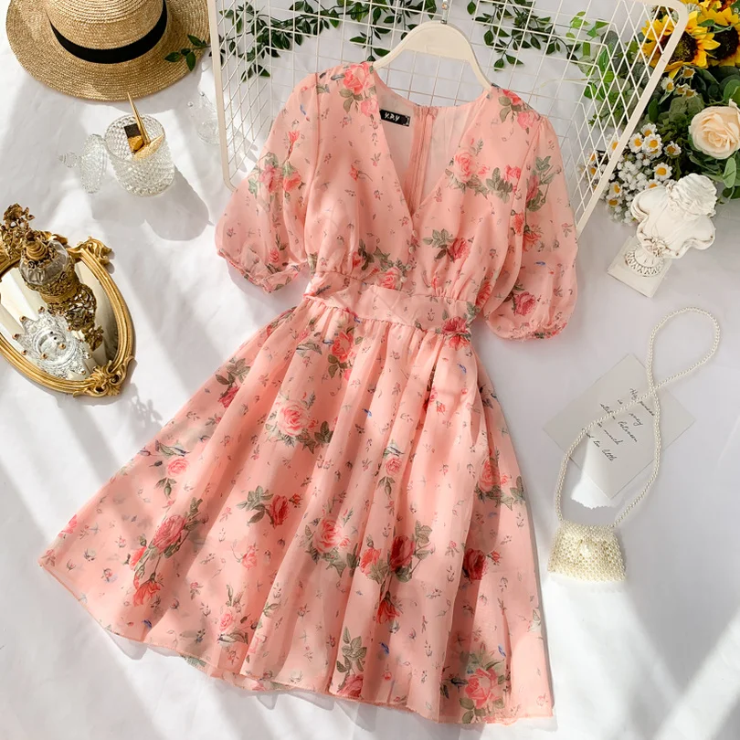 

TYHRU Summer Women Printing High Waist V-neck Bishop Sleeve Dresses