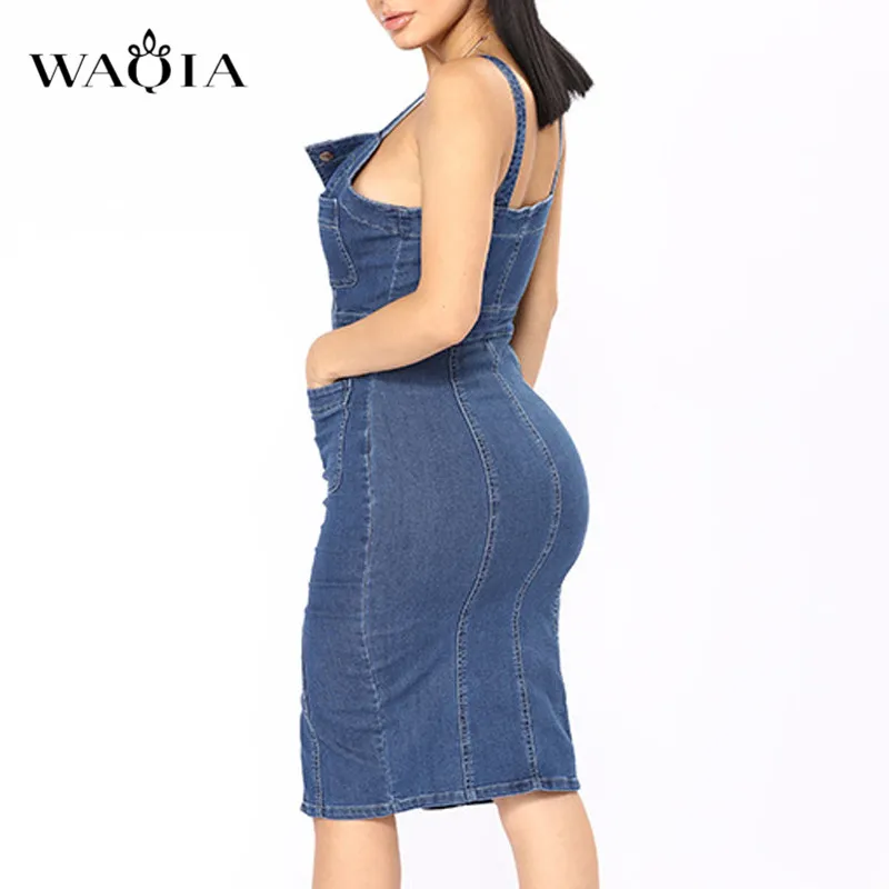 Waqia 2019 пикантные Повседневное платье из джинсовой ткани миди летний женский