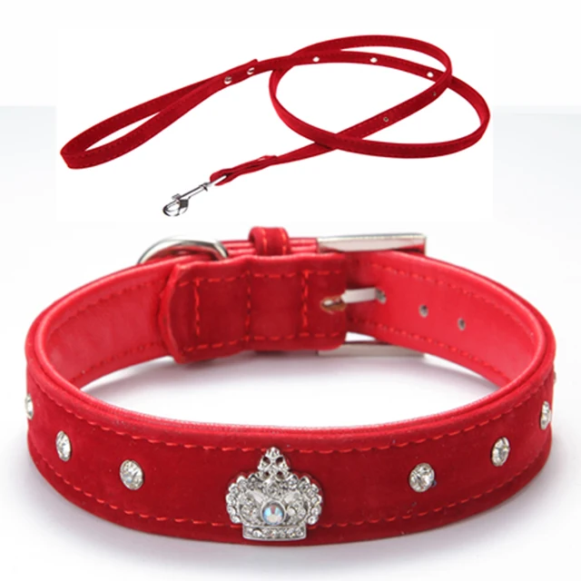 4 Colors Material Adjustable necklace Rhinestones Pet Cat Dog Crown Collar Soft Velvet Leash and Collar set  XS S M L
