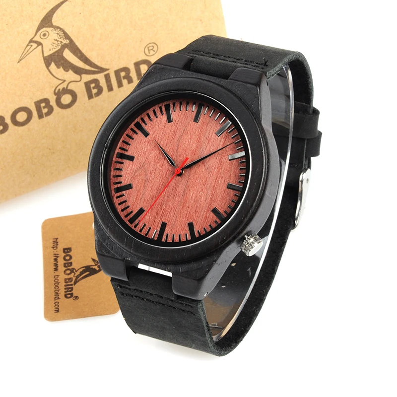 BOBO BIRD WB13 Ebony Wooden Watch Cool Lug on 4 O'Clock Wood Dial Face Leather Band Watches for Men