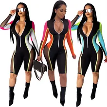 New S-3XL Color Patchwork Sheer Mesh Bandage Jumpsuit Women Sexy Zipper V Neck Long Sleeve Shorts Romper Night Club Playsuit New S-3XL Color Patchwork Sheer Mesh Bandage Jumpsuit Women Sexy Zipper V Neck Long Sleeve Shorts Romper Night Club Playsuit