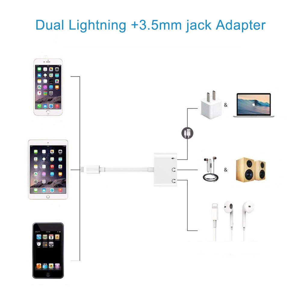 3 в 1 аудио адаптер зарядки для Lightning двойного освещения 5 мм Aux Наушники Jack