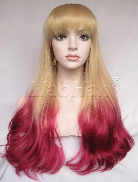 Fashion Two Tone Ombre Wig Long Wavy Ombre Blonde To Burgundy Wig