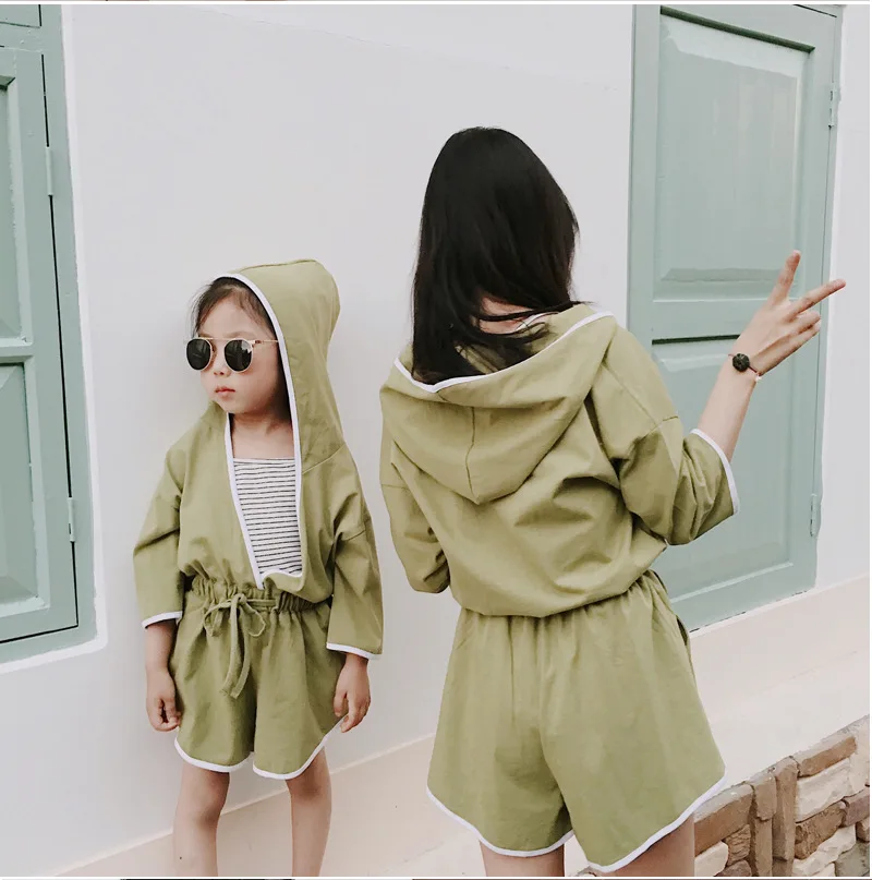 2pcs Set New Arrived Mother Daughter Hooded Jumpsuit + Sun-top Vest Family Matching Clothes Mommy and Me Clothes 2 3 4 5 6 7 Age