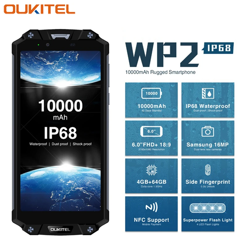 OUKITEL WP2 IP68 водонепроницаемый пылезащитный ударопрочный мобильный телефон 6,0 дюймов 4 Гб+ 64 Гб MT6750T Восьмиядерный Android 8,0 10000 мАч NFC Смартфон