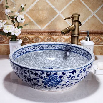 

Crack glazed Art Porcelain Countertop Basin Sink Handmade Ceramic Bathroom Vessel Sink Vanities ceramic wash sink blue and white