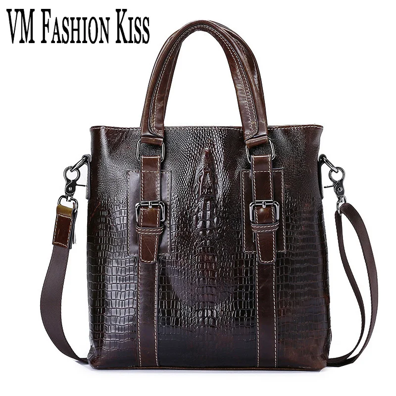 

VM FASHION KISS Oil Wax Real Cowhide Crocodile Pattern Male Shoulder Briefcase Messenger Bag Top Handbag Brown Bag Famous Brand