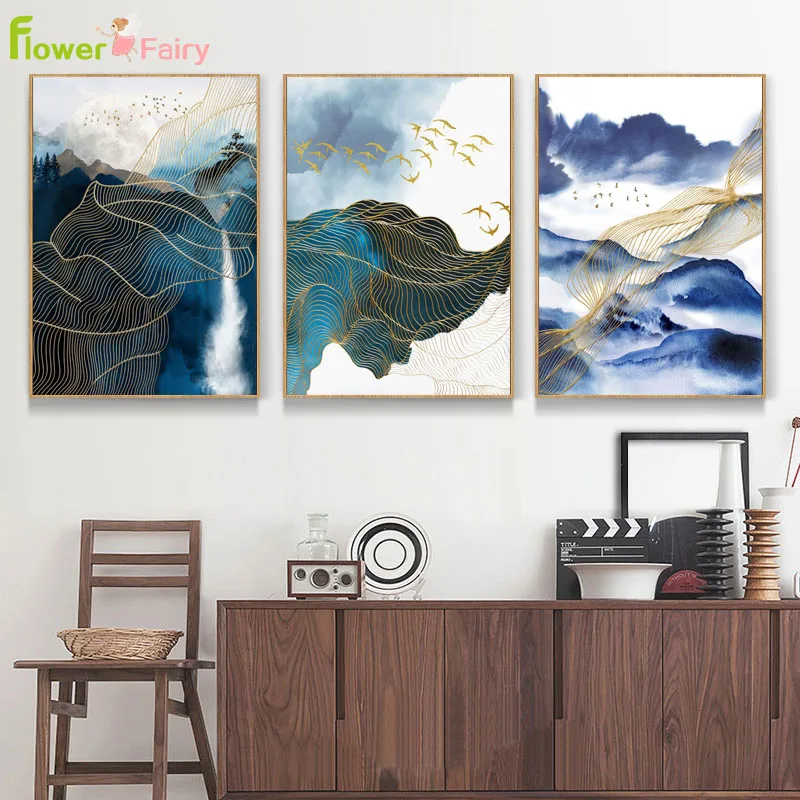 Blue Mountain Abstract Geometric Line Nordic Poster Posters And Prints Wall Art Canvas Painting Picture Home Decor Unframed