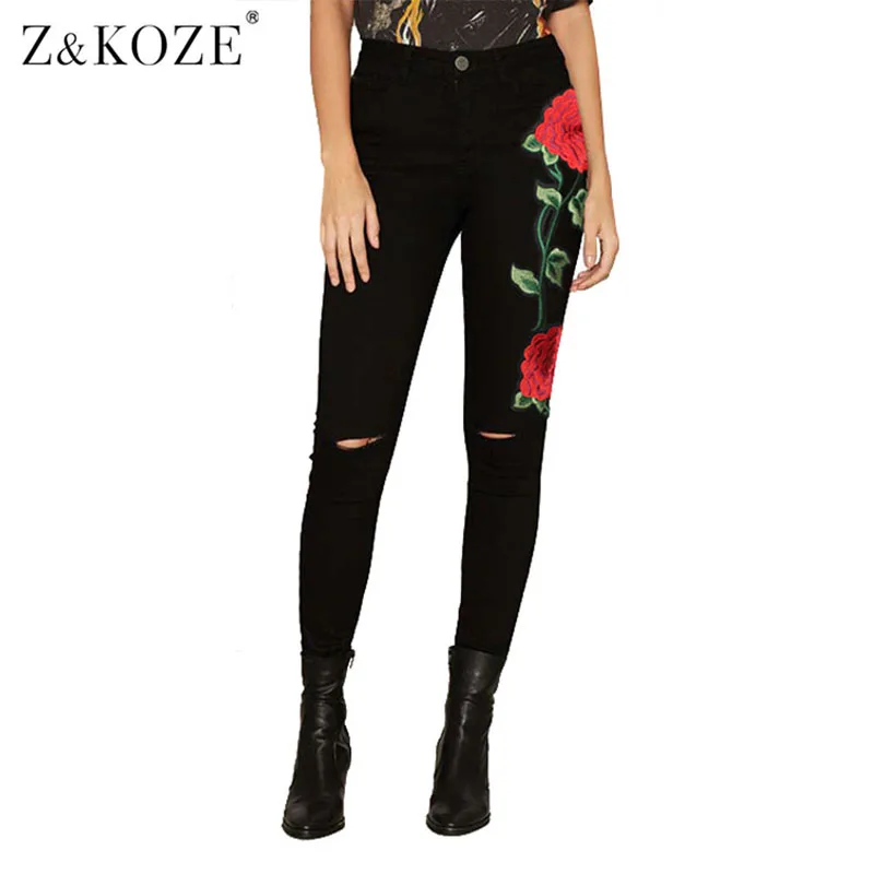Aliexpress.com : Buy Z&KOZE 2017 New Rose Flower Embroidery Ripped Jeans For Women Plus Size 