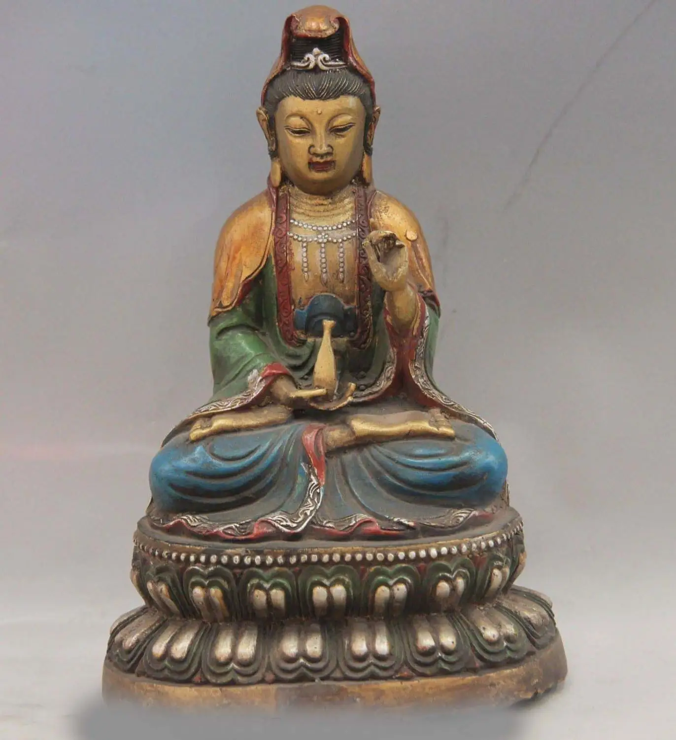 

China Bronze Copper Color Painted Buddhism GuanYin Kwan-yin Hold bottle Statue SD 506