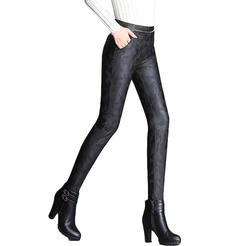 Mujeres N Pantalones Cintura Alta Pu Xinzhe Elástico Cuero Negro Estiramiento Faux Flacos 2018 Camuflaje rYxtIar