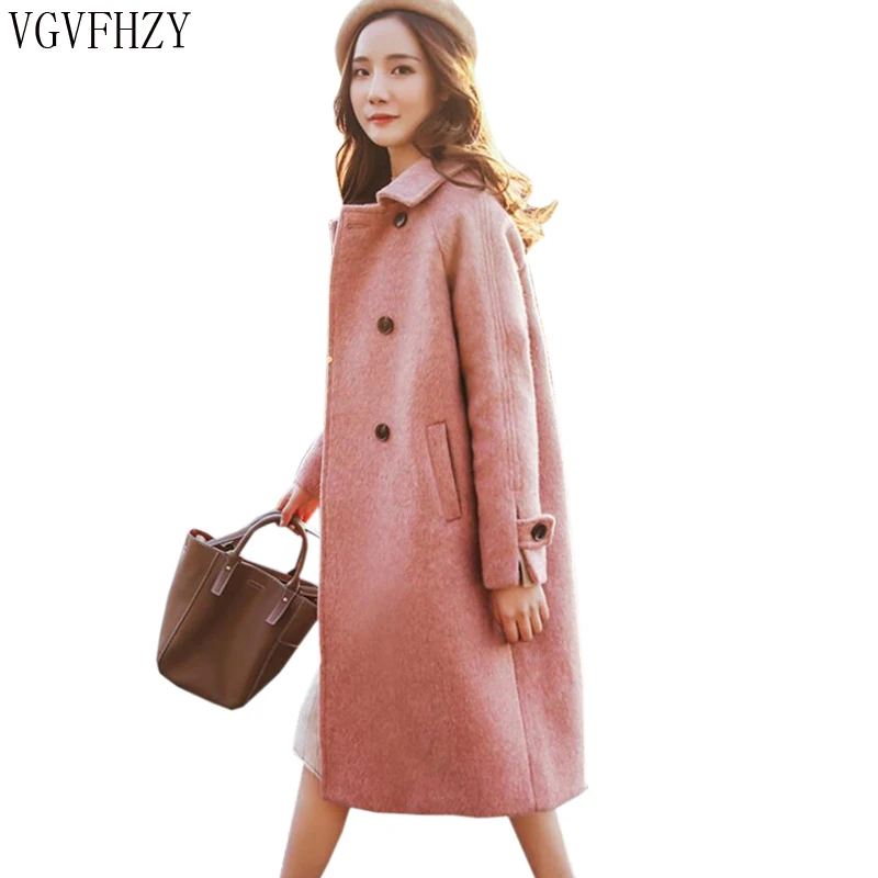 

2018 Autumn Winter Women Vintage Woolen Coat Long Section Comfortable Woolen Coat Solid Color Double Breasted Woolen Jacket
