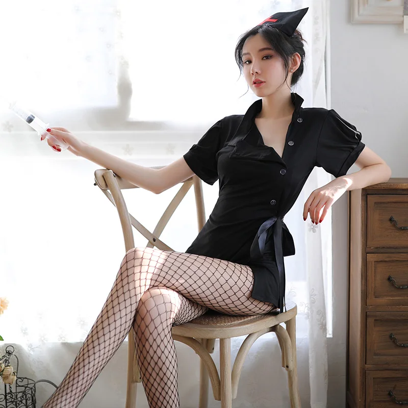 Adult Women Sexy Black Dress Exotic Nurse Uniform Costume New Porn Women  Nurse Uniform Shirt Tempt Nurse Costume Set Babydoll