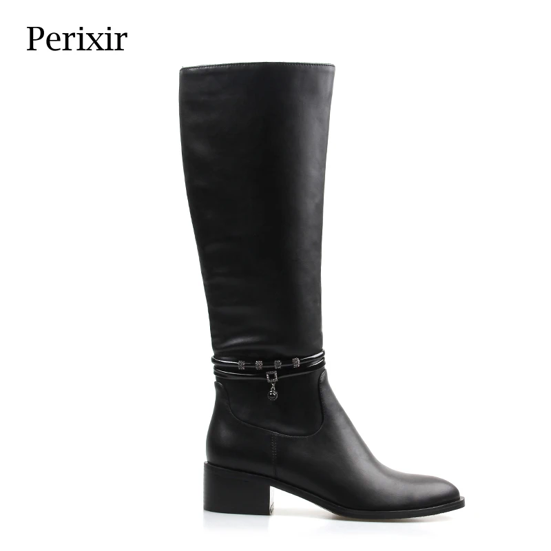 

Perixir Winter Women PU Black Solid Over Knee Boots Shoes Pointed Toe Square Heel Warm Short Plush Black High Boots 4.5 cm Heel