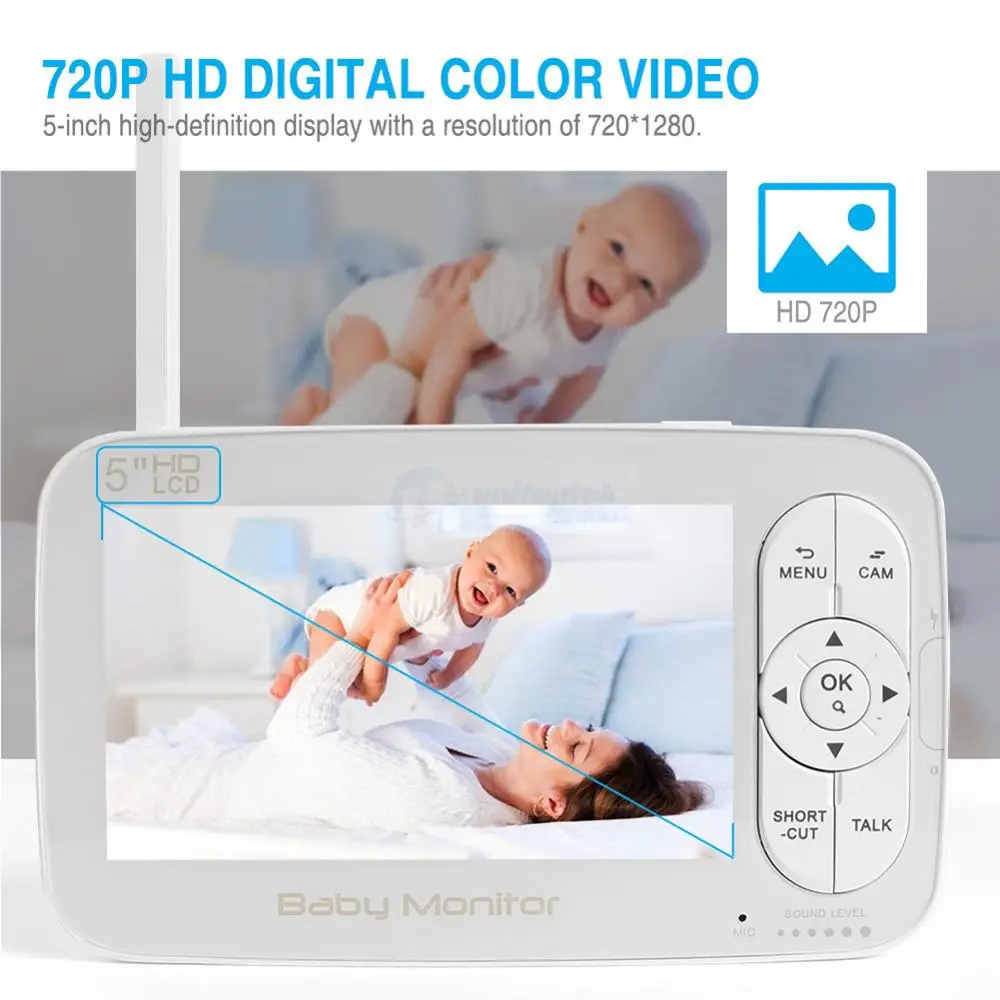 2.4G Wireless 720P Baby Monitor PTZ HD 5 inch Schermo LCD A Due Vie Audio Suono di Allarme di Tempe