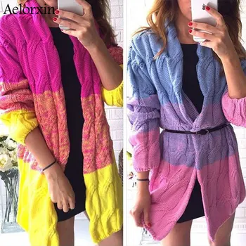 

Women Cardigan Long Sweater Full Sleeve Candy colors Casual V-neck Patchwork Cardigans Sweater Women Female cardigan