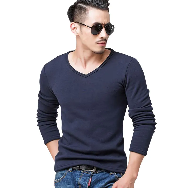 Autumn Winter Fleece lined T shirt Fashion Men Velvet Undershirts Thermal V Neck Cotton Long Johns S-5XL