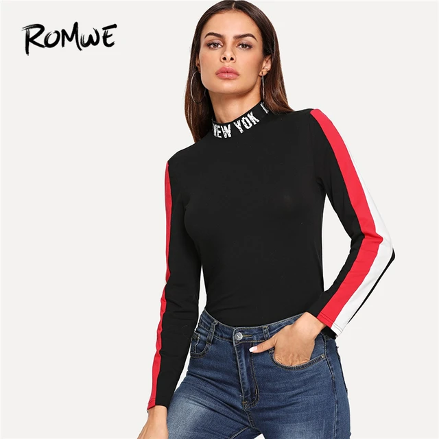 Download ROMWE Tape Side Sleeve Lettering Mock Long Sleeve Tee ...