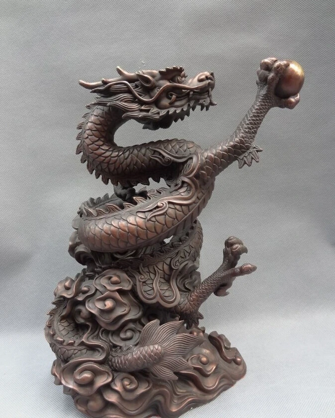 

S5255 12" Chinese Pure Bronze Animals Zodiac Fly Dragon Play Ball Statue Sculpture D0318