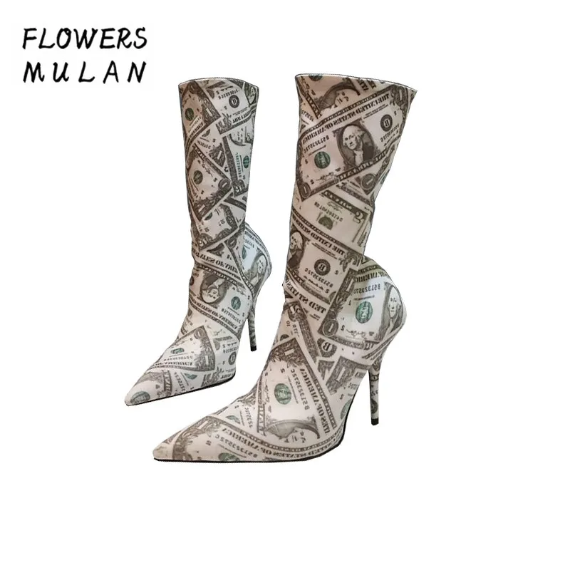 

New Arrival Women Stretch Fabric Sock Boots Elegant Pointed Toe Slip On Printing American Dollar Upper Botas High Heels Woman