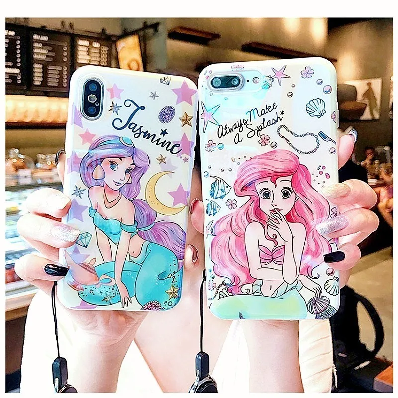 

3D Retro Relief Cartoon Alice Mermaid Princess Phone Case For iphone 7 Case 8 6 6s 7 Plus X XR XS Max Soft lanyard disneys Cover