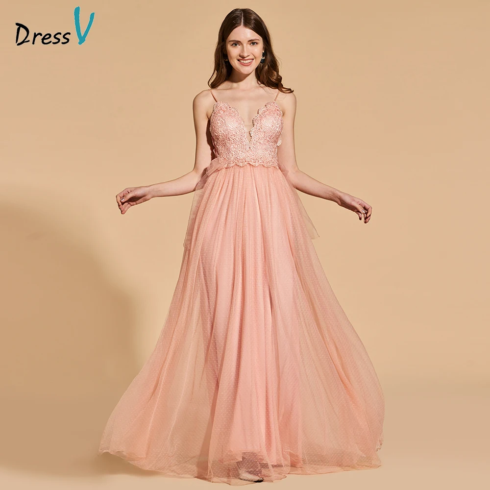 

Dressv elegant long prom dress spaghetti straps empire waist backless simple a-line lace evening party gown prom dresses custom