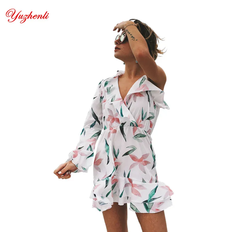 

Yuzhenli Print Beach Ruffled Irregular Women Dress Straps V-Neck Off the Shoulder A-Line Summer Chiffon Dresses Plus Size Belt
