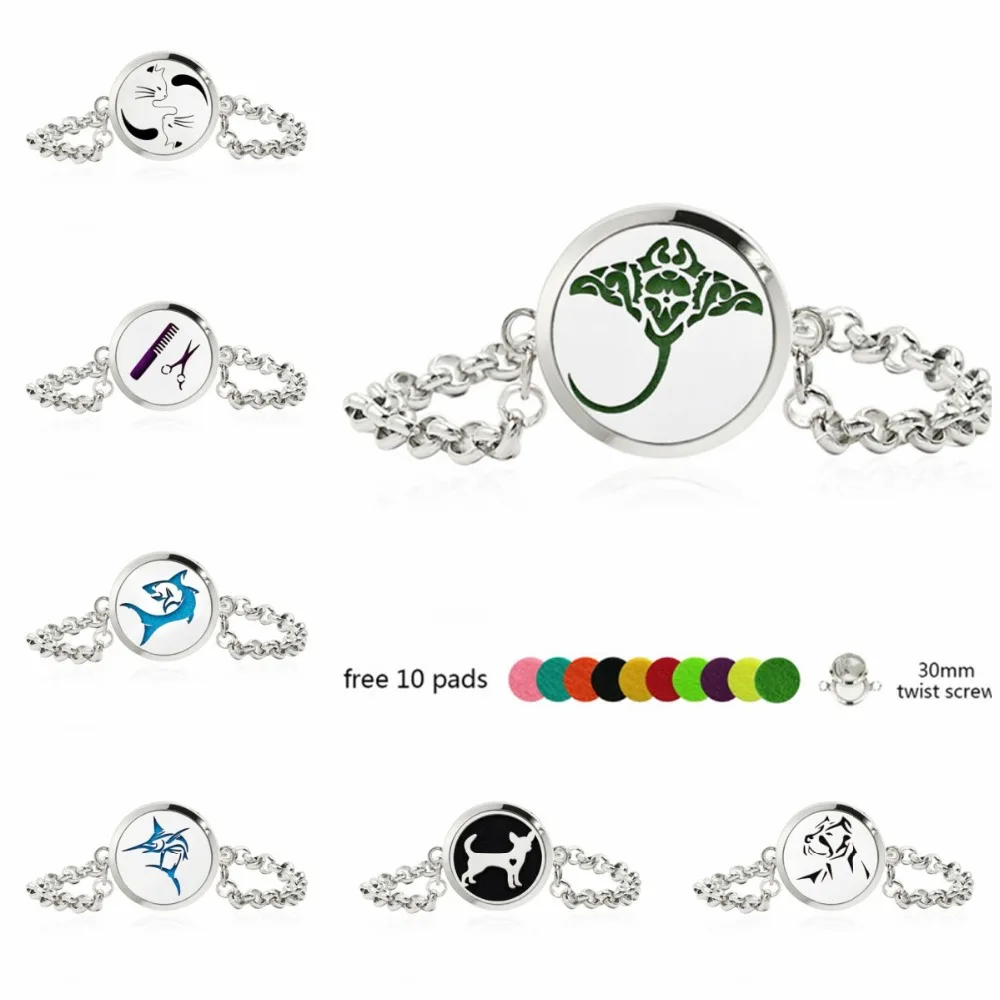 

30mm Stainless Steel Diffuser Bracelet Kite Shark Dog Twist Screw Essential Oil Perfume Locket Bangle Women Jewelry 10pcs Pads